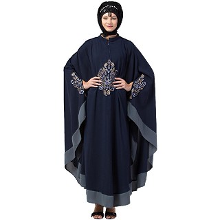 Embroidery Irani Kaftan with contrast border- Navy-Grey